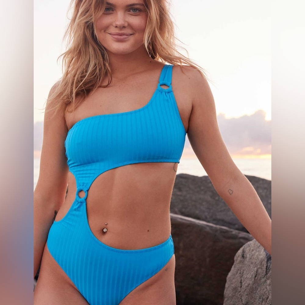 Aerie Blue One-Shoulder Swim One Piece